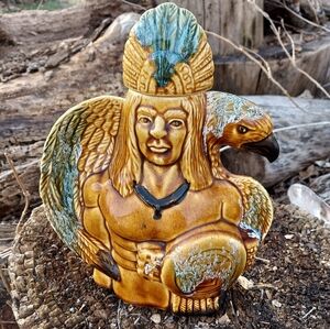 Vintage Native American Eagle Warrior Drip Glaze Pottery Decanter